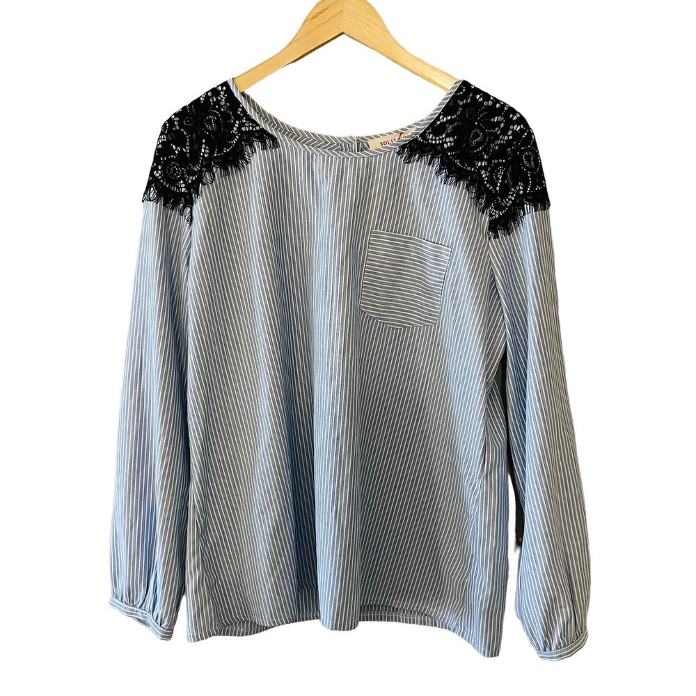 Solitaire Striped Lace Detail Long Sleeve Top Size XL Blue Black NWT - Picture 7 of 7